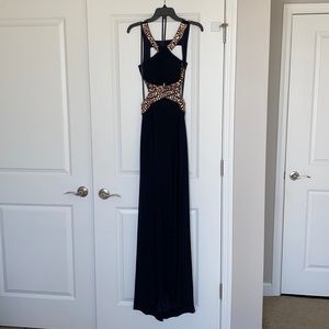 Navy Blue Full Length Gown with Bejeweled Bodice
